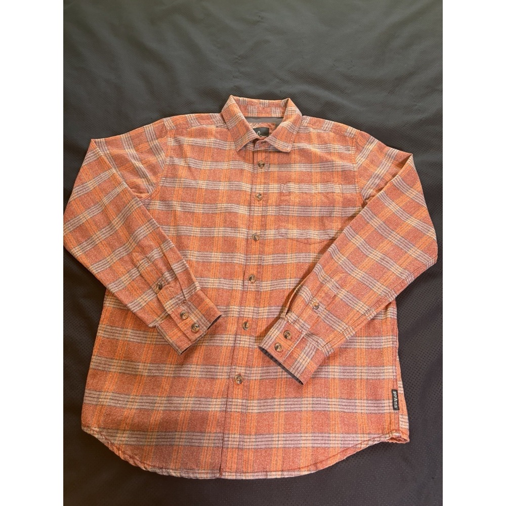 PrAna Orange Plaid Flannel‎ Shirt~Mens S~Organic Cotton Blend Long Slvs Gorpcore